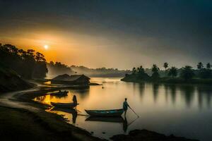 dos barcos en el río a amanecer. generado por ai foto