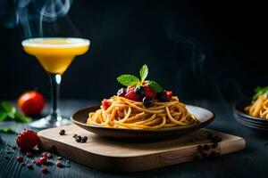 spaghetti with tomato sauce and fresh berries on a wooden table. AI-Generated photo