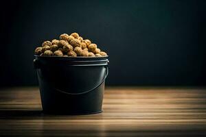 a bucket full of peanuts on a wooden table. AI-Generated photo