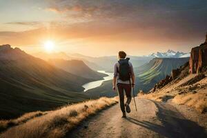 a man with a backpack walks on a road in the mountains. AI-Generated photo