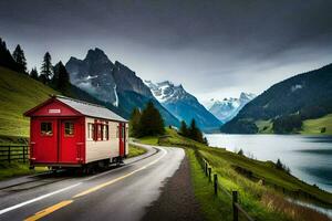a red train is traveling down a road near a lake. AI-Generated photo