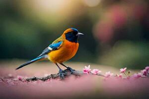 a colorful bird sits on a branch in front of pink flowers. AI-Generated photo