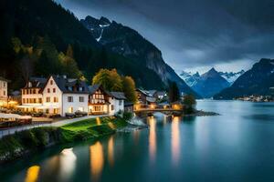 photo wallpaper the sky, mountains, lake, house, mountains, house, mountains, house,. AI-Generated