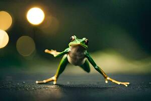 un rana es en pie en sus posterior piernas con sus brazos extendido. generado por ai foto