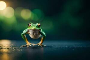 a frog is standing on the ground with a blurry background. AI-Generated photo
