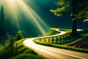 a winding road in the forest with sunbeams shining down. AI-Generated photo