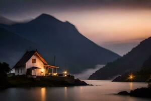 a small house sits on the shore of a lake at dusk. AI-Generated photo