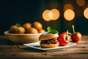 a small sandwich with tomatoes and mint on a plate. AI-Generated photo