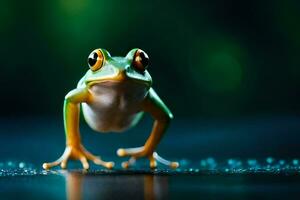 a frog is standing on a dark surface. AI-Generated photo