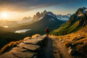 a man standing on a path in the mountains. AI-Generated photo