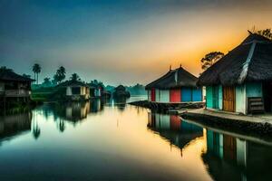 un río con casas en eso a puesta de sol. generado por ai foto