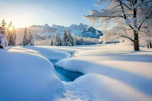 photo wallpaper the sky, snow, trees, river, mountains, sun, trees, river,. AI-Generated