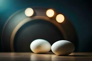 two eggs on a table with a light behind them. AI-Generated photo