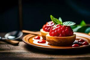 two desserts with strawberries on a wooden plate. AI-Generated photo