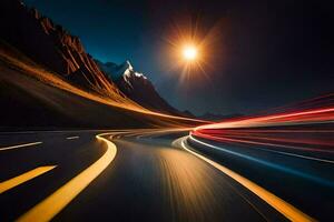 a long exposure photograph of a mountain road at night. AI-Generated photo