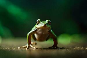 a frog is standing on the ground with its legs spread. AI-Generated photo