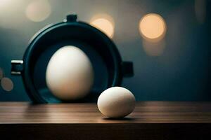 un huevo sentado en un mesa siguiente a un negro maceta. generado por ai foto