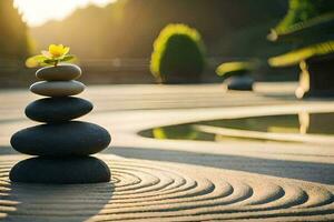 a zen garden with stones and a flower. AI-Generated photo