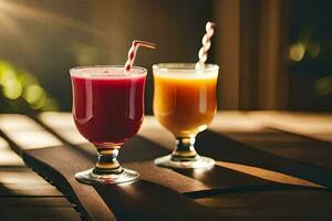 two glasses of juice with straws on a table. AI-Generated photo