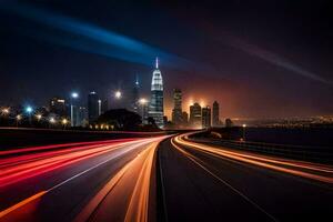 un largo exposición fotografía de un ciudad horizonte a noche. generado por ai foto