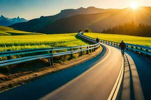 un hombre montando un bicicleta en un país la carretera a puesta de sol. generado por ai foto