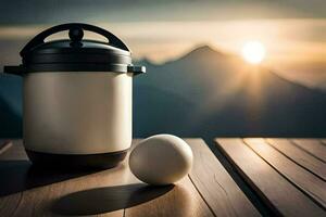 egg on a table with a pot and a ball. AI-Generated photo