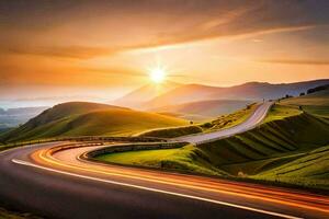 a winding road in the mountains with the sun setting. AI-Generated photo