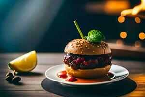 a hamburger with sauce and a lemon on a plate. AI-Generated photo