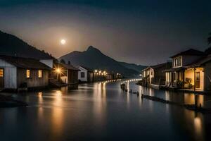 a river at night with houses and a moon. AI-Generated photo