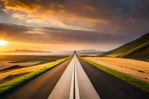 un largo la carretera estiramientos a través de el paisaje a puesta de sol. generado por ai foto