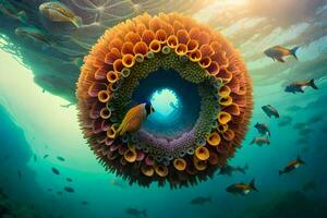 an underwater scene with an orange flower and fish. AI-Generated photo