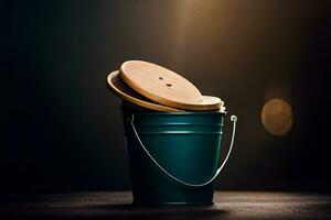 a green bucket with wooden spoons sitting on top. AI-Generated photo