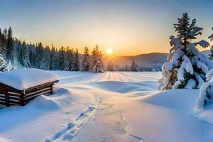 a cabin in the snow with trees and the sun setting. AI-Generated photo