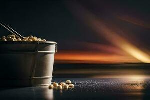 a bucket filled with peanuts and a spoon. AI-Generated photo