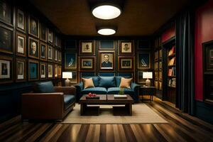 a room with blue couches and a wall of framed pictures. AI-Generated photo