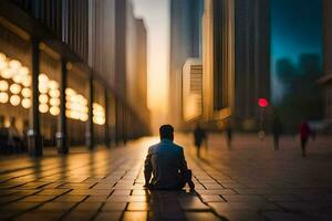 hombre sentado en el suelo en el medio de un ciudad. generado por ai foto