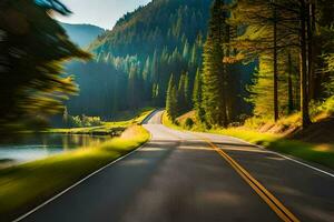 a road is shown with trees and a lake in the background. AI-Generated photo
