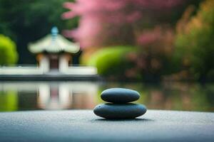 two stones are stacked on top of each other in front of a pond. AI-Generated photo