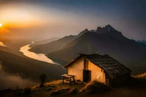 the sun rises over the mountains and the hut. AI-Generated photo