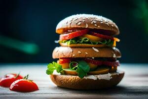 a hamburger with tomatoes and cheese on top. AI-Generated photo