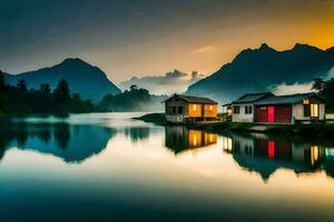 photo wallpaper the sky, mountains, lake, house, the mountains, the lake, the house. AI-Generated