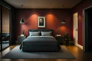 a bedroom with red walls and a bed. AI-Generated photo