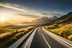 the sun rises over a road in the mountains. AI-Generated photo