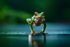 a frog standing on a wet surface. AI-Generated photo