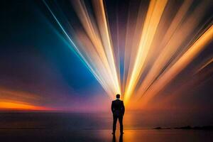 a man standing on the beach with light trails coming from the sky. AI-Generated photo