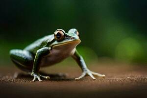 a frog is standing on the ground with its eyes open. AI-Generated photo