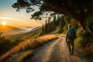 a person with a backpack walks down a dirt road at sunset. AI-Generated photo