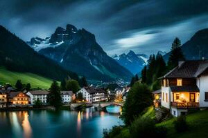 photo wallpaper mountains, house, lake, house, house, house, house, house, house. AI-Generated