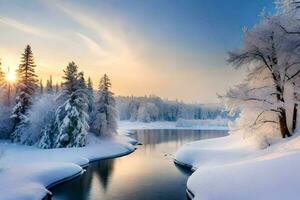 winter landscape with snow covered trees and river. AI-Generated photo