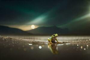 a frog sitting on the ground in the water. AI-Generated photo